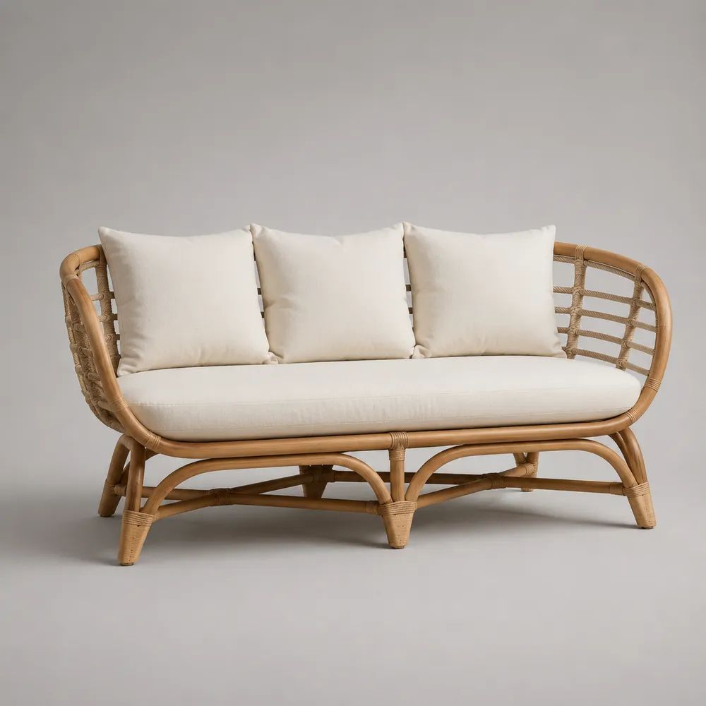 Divano da giardino a 3 posti in rattan naturale con cuscini bianchi, 180 x 82 x 86 cm