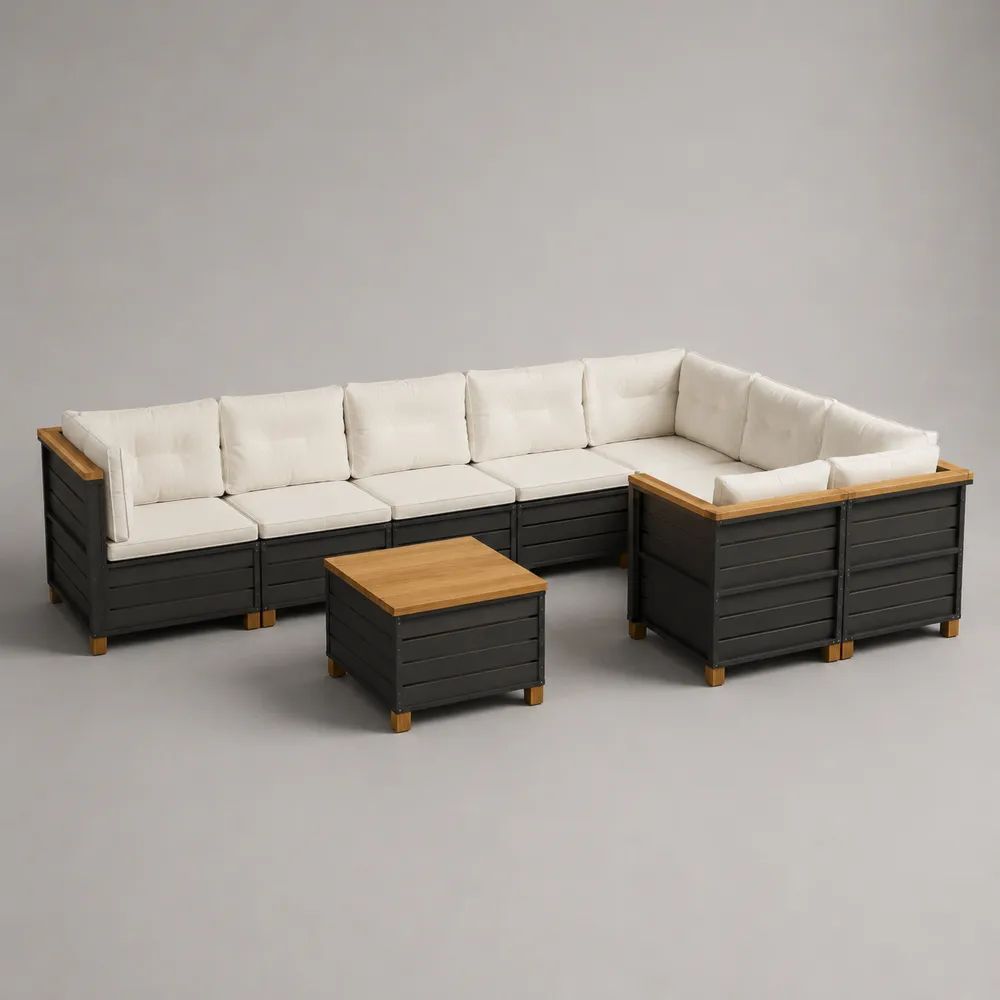 Set salotto angolare modulare da esterno a 7 posti, 8 pezzi in legno massello di acacia antracite e naturale con cuscini crema e tavolino, 345 × 211 × 74 cm