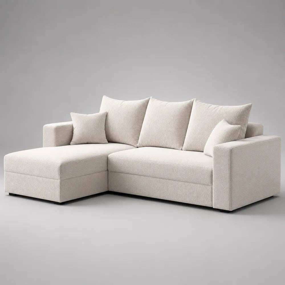 Divano angolare 3 posti con chaise longue sinistra in velluto a coste crema, 250 x 160 x 85 cm