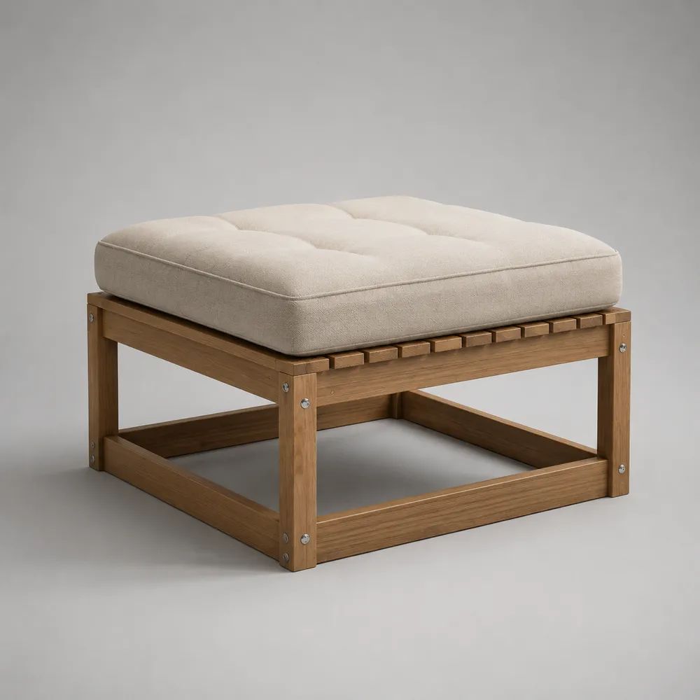 Poggiapiedi ottomano quadrato imbottito in legno e tessuto beige e marrone chiaro, 60 x 60 x 45 cm