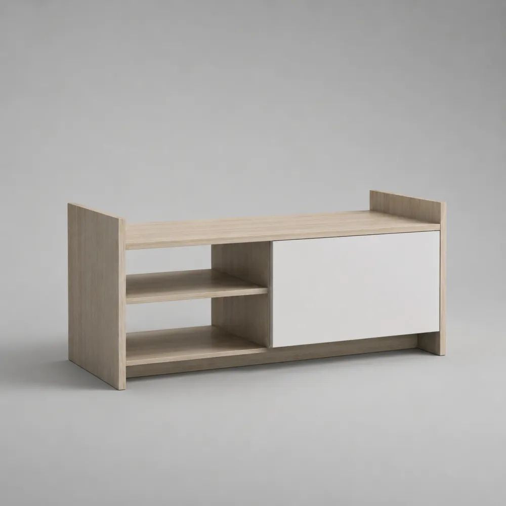 Mobile porta TV rettangolare in legno rovere chiaro e bianco con 2 ripiani e anta scorrevole, 120 x 40 x 60 cm
