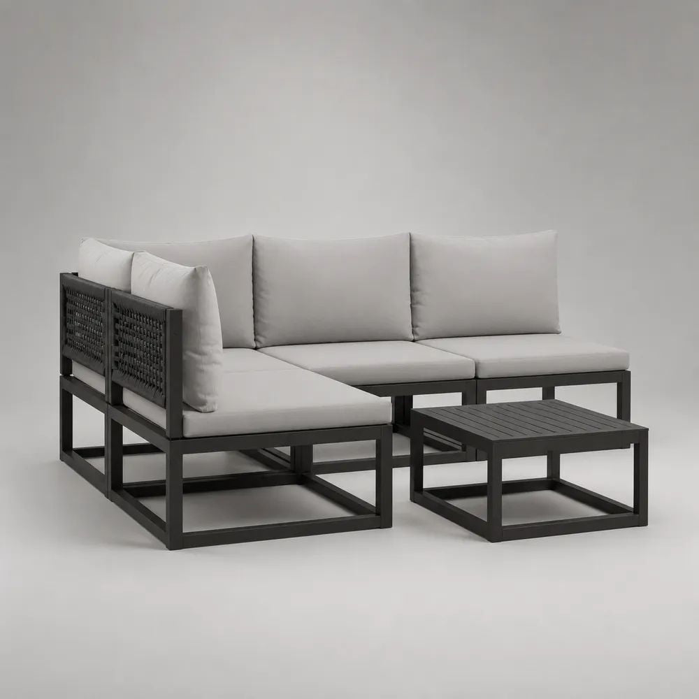 Set salotto da giardino 4 pezzi in alluminio e corda con divano angolare modulare a 3 posti e tavolino, antracite e grigio chiaro, 205 x 145 x 72 cm