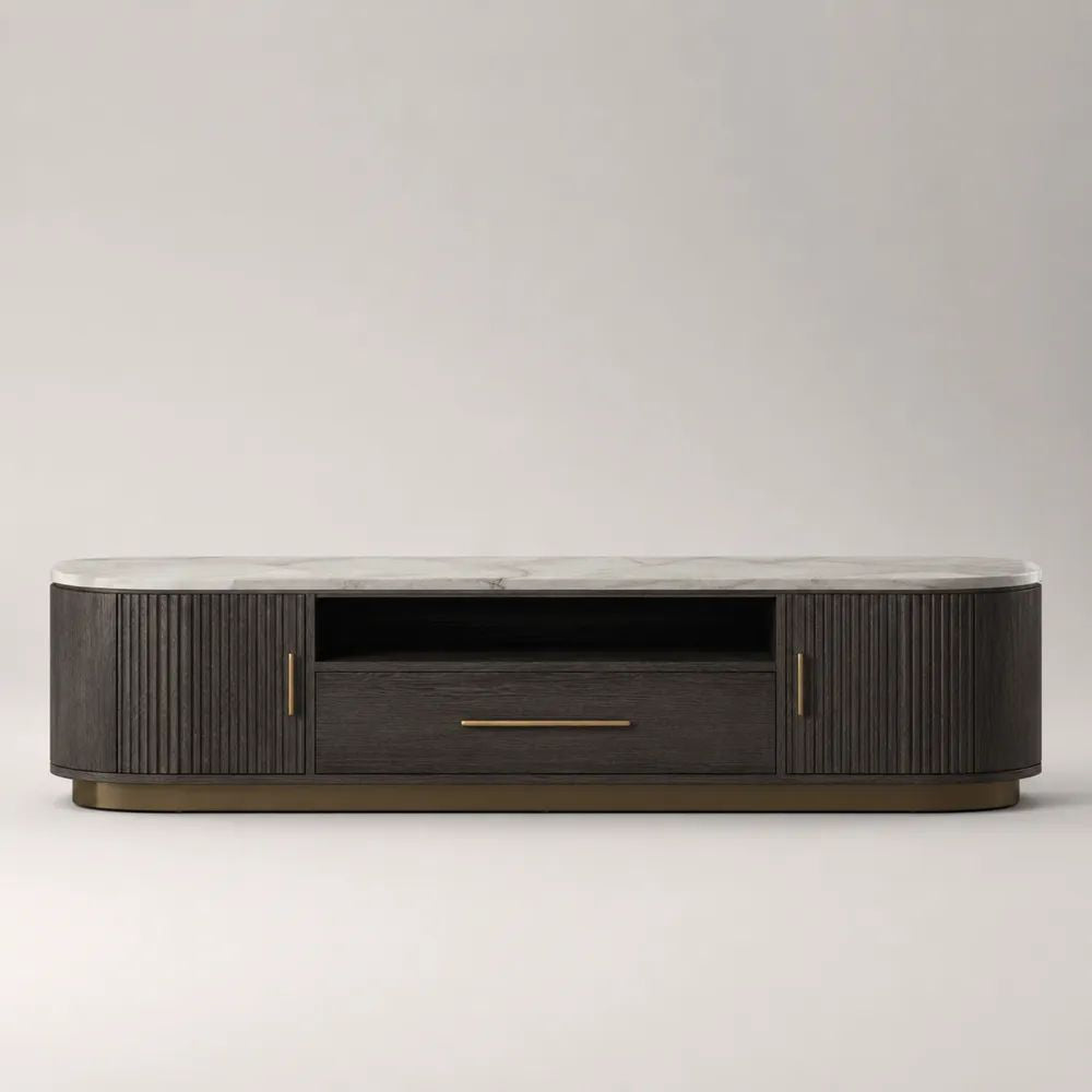 Mobile porta TV basso rettangolare in MDF impiallacciato rovere e pietra sinterizzata, marrone scuro, 200 × 45 × 55 cm