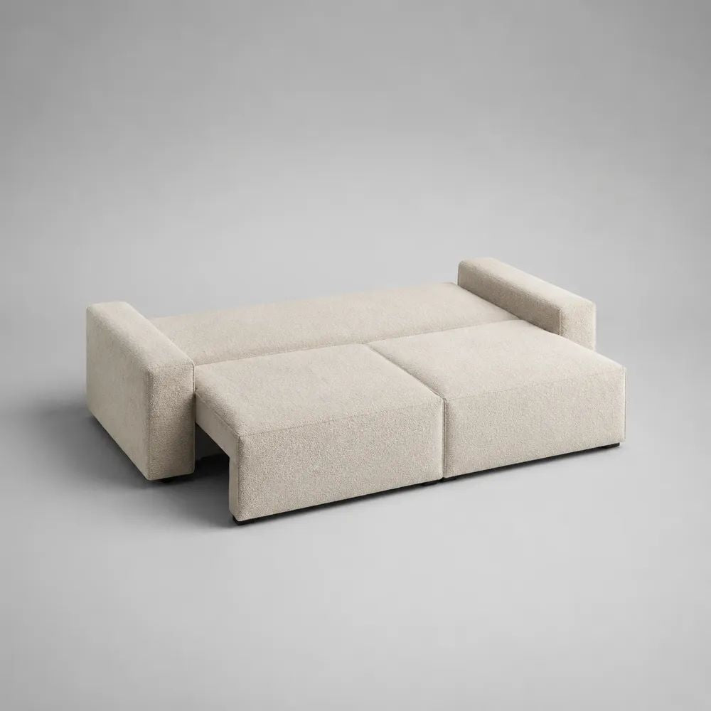 Divano letto estraibile a 2 posti in tessuto bouclé crema, 180 × 95 × 70 cm, aperto 180 × 200 × 70 cm