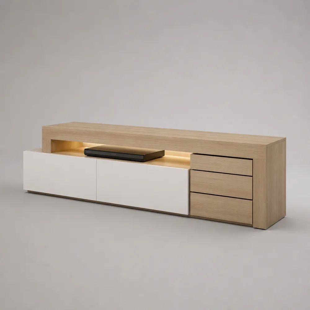 Mobile TV in pannello truciolare melaminico rovere chiaro e bianco con illuminazione LED, 200 x 40 x 70 cm