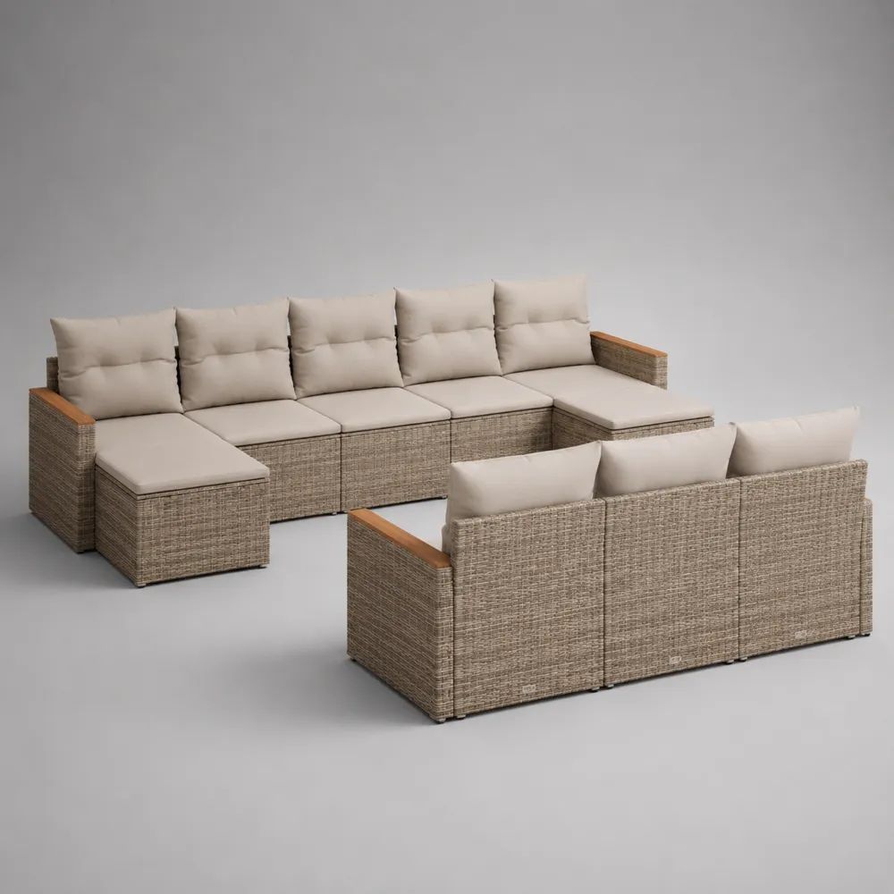 Set divano modulare da giardino a U 10 pezzi in rattan PE e acciaio, tortora con cuscini beige, 340 × 210 × 70 cm