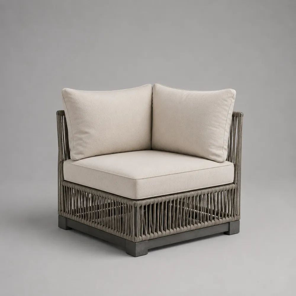 Poltrona angolare da giardino monoposto in corda PP e alluminio tortora con cuscini beige, 85 x 85 x 78 cm