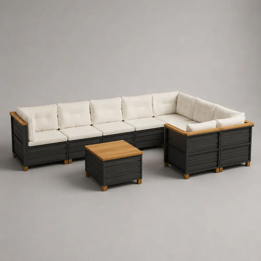 Set salotto angolare modulare da esterno a 7 posti, 8 pezzi in legno massello di acacia antracite e naturale con cuscini crema e tavolino, 345 × 211 × 74 cm