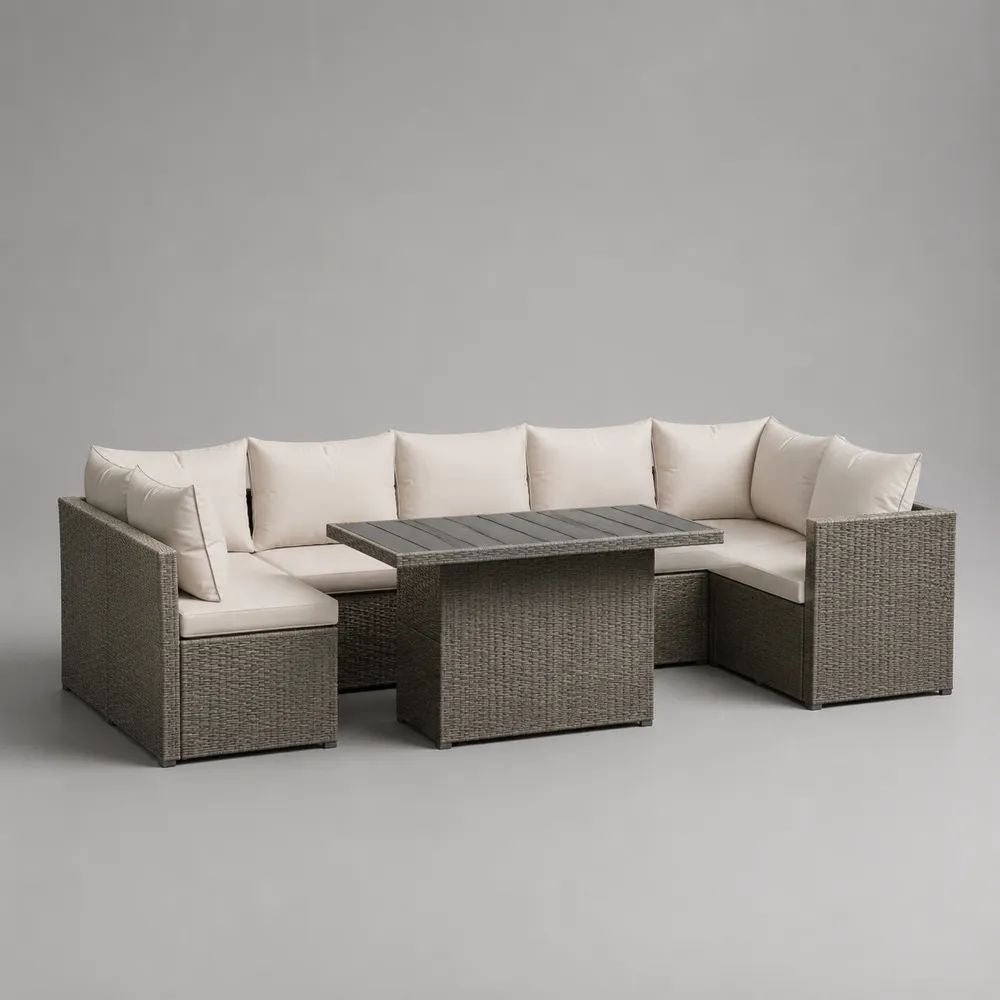 Set salotto da giardino a U in polyrattan PE grigio tortora con cuscini beige e tavolo antracite, 250 x 190 x 85 cm