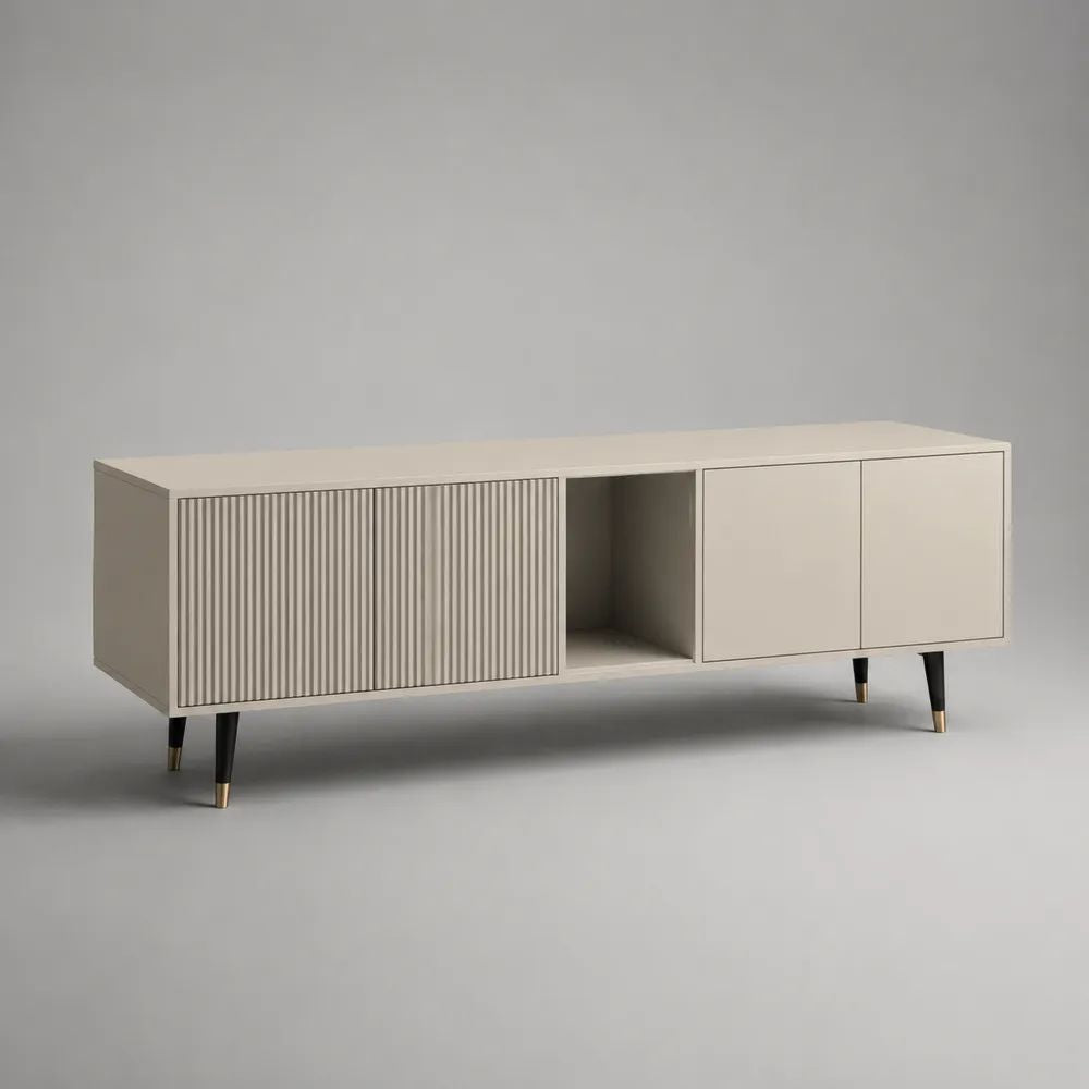 Mobile porta TV basso in MDF beige con 4 ante, vano aperto e gambe nere, 160 x 40 x 60 cm