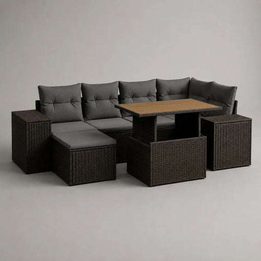 Salotto angolare da giardino 235 x 175 x 74 cm in rattan PE marrone scuro con tavolo 145 x 74 x 67 cm, 3 pouf e cuscini grigio antracite