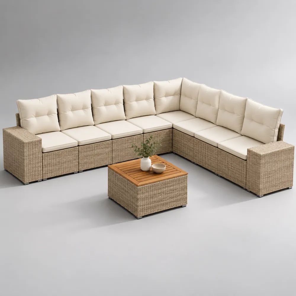 Set da esterno con divano angolare componibile a 7 posti in rattan PE, cuscini crema e tavolino in legno, beige, 280 x 220 x 82 cm