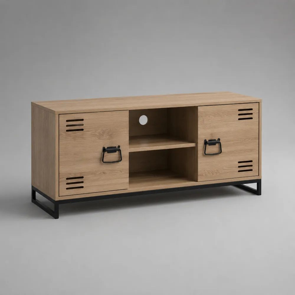 Mobile TV rettangolare con 2 ante e 2 vani, legno effetto rovere e metallo nero, 120 × 40 × 60 cm