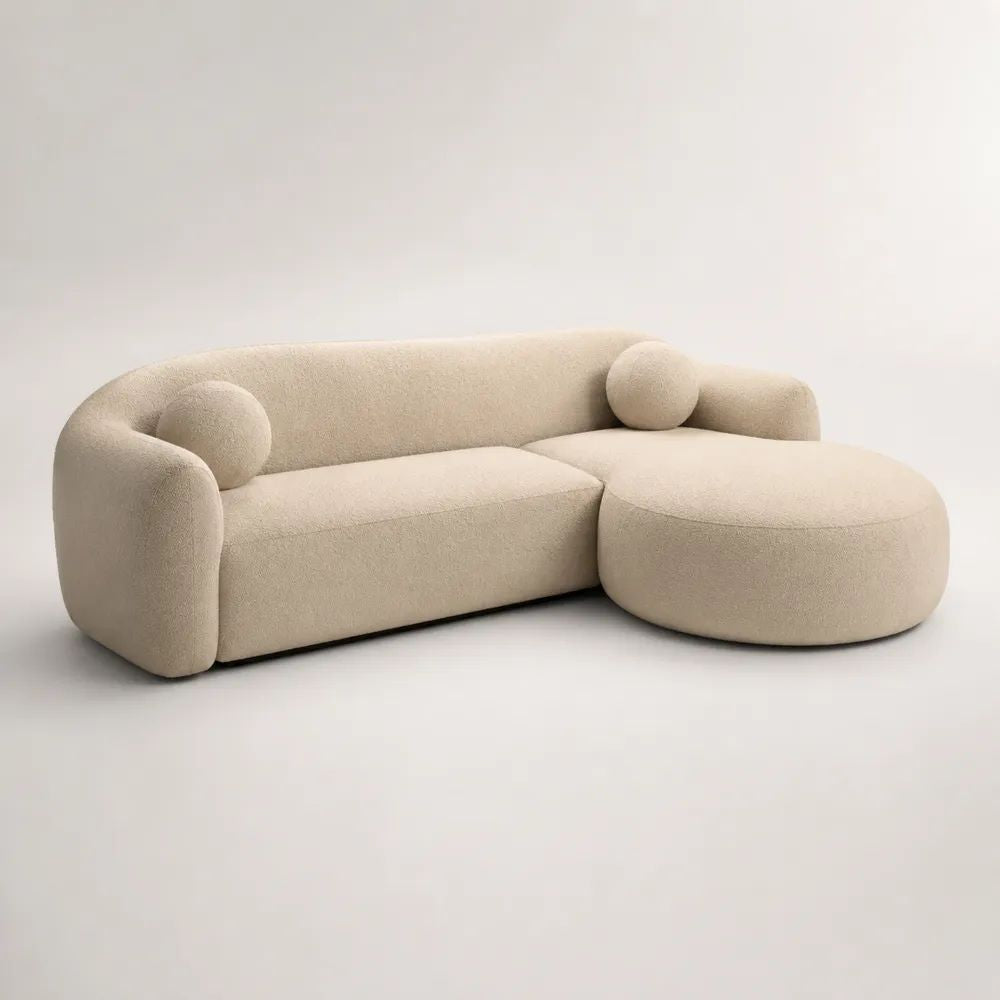 Divano angolare 3 posti in tessuto beige con penisola destra e 2 cuscini, 280 × 160 × 75 cm