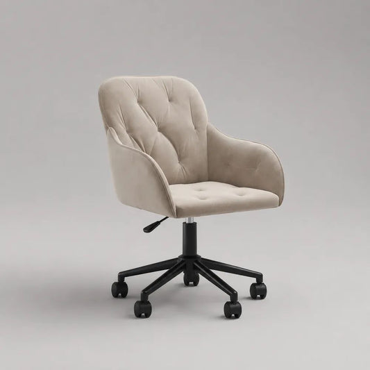 Sedia da ufficio girevole regolabile in velluto beige e metallo nero con braccioli e ruote, 64 x 63 x 84-94 cm