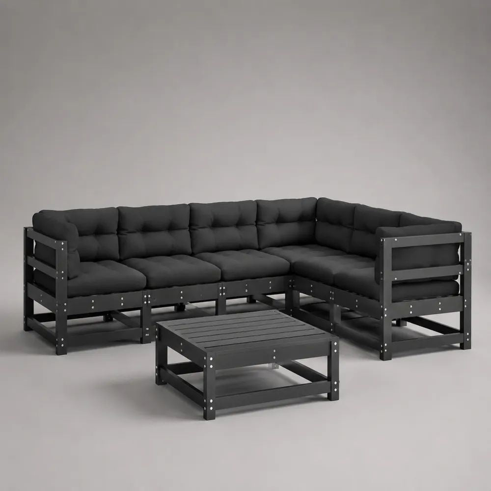 Set divano angolare da giardino a 5 posti, 6 pezzi in legno con cuscini, nero, 280 x 140 x 67 cm