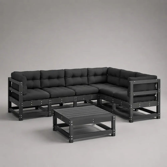 Set divano angolare da giardino a 5 posti, 6 pezzi in legno con cuscini, nero, 280 x 140 x 67 cm
