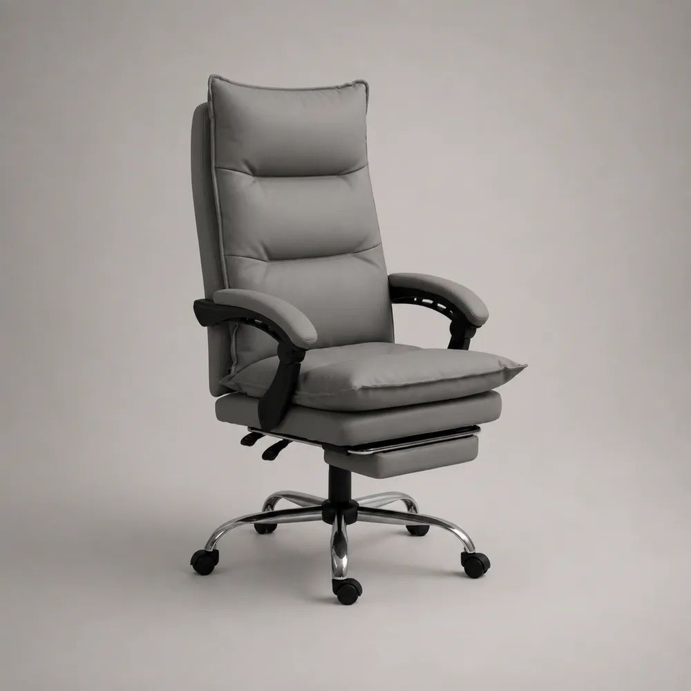Sedia da ufficio ergonomica girevole e reclinabile in pelle sintetica PU grigia con poggiapiedi, 67 x 74 x 115-125 cm