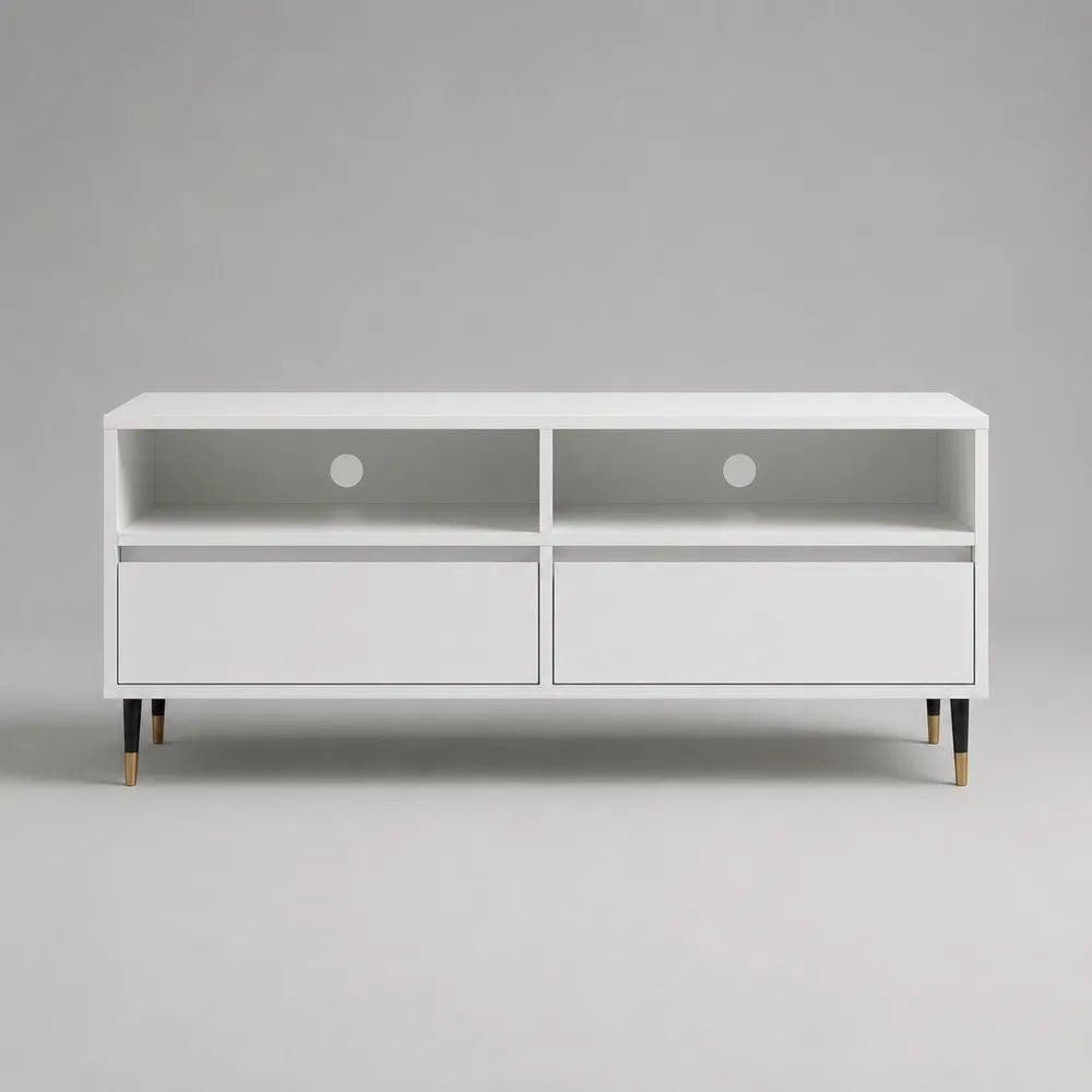 Mobile TV rettangolare in MDF e acciaio con 2 cassetti e 2 vani aperti, bianco, nero e oro, 120 x 40 x 60 cm