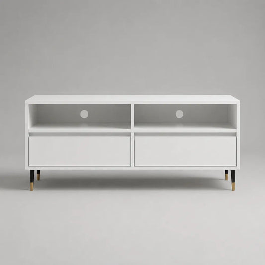 Mobile TV rettangolare in MDF e acciaio con 2 cassetti e 2 vani aperti, bianco, nero e oro, 120 x 40 x 60 cm