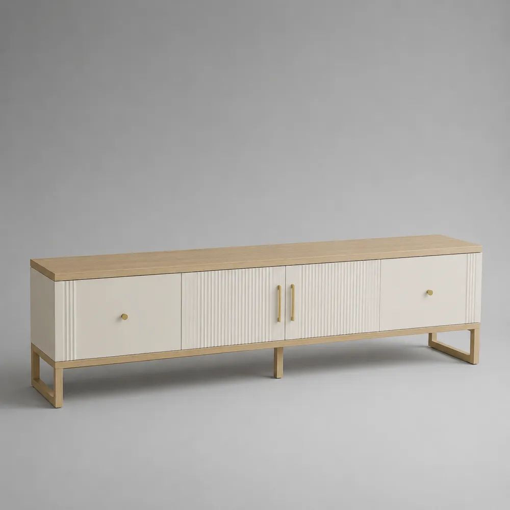 Mobile TV rettangolare 180 x 40 x 60 cm in MDF e acciaio, bianco crema, rovere chiaro e oro