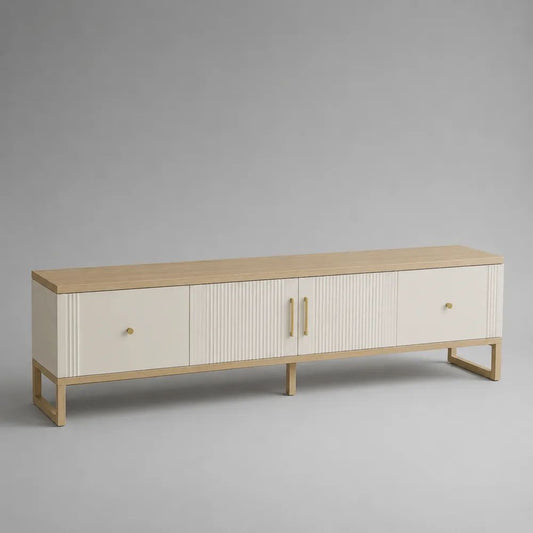 Mobile TV rettangolare 180 x 40 x 60 cm in MDF e acciaio, bianco crema, rovere chiaro e oro
