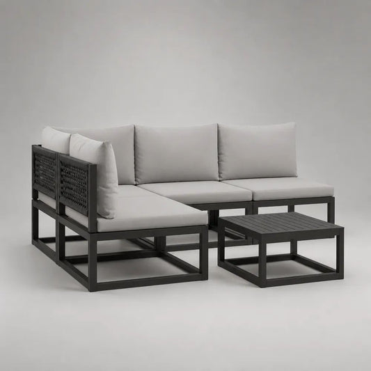 Set salotto da giardino 4 pezzi in alluminio e corda con divano angolare modulare a 3 posti e tavolino, antracite e grigio chiaro, 205 x 145 x 72 cm
