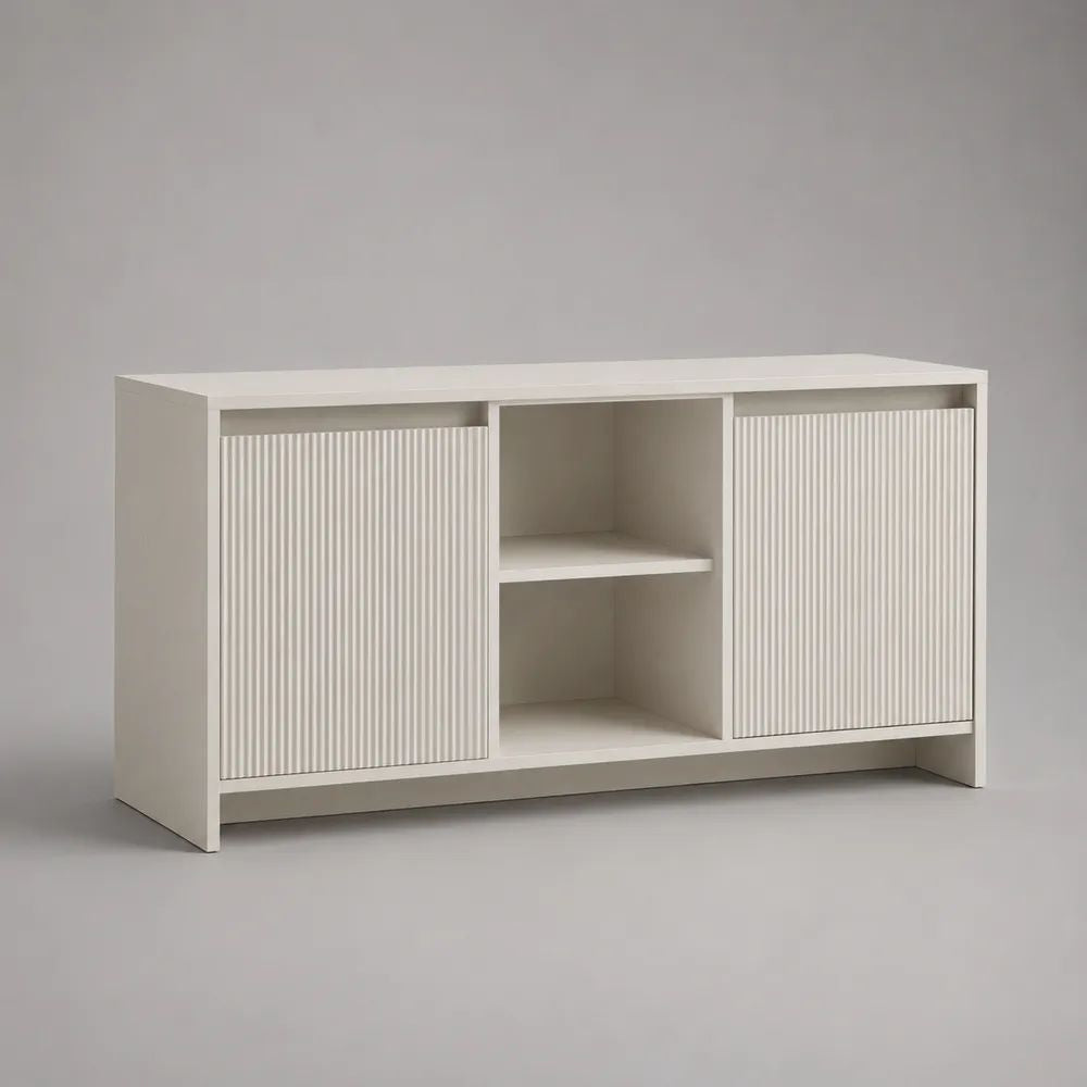 Mobile porta TV basso rettangolare in MDF bianco con 2 ante scorrevoli e 2 vani aperti, 120 x 40 x 65 cm