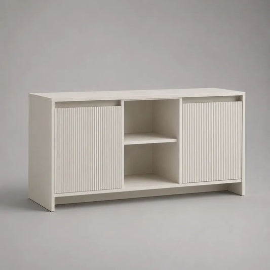 Mobile porta TV basso rettangolare in MDF bianco con 2 ante scorrevoli e 2 vani aperti, 120 x 40 x 65 cm