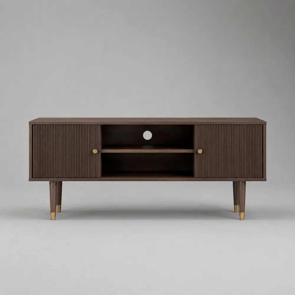 Mobile porta TV rettangolare con passacavi in MDF impiallacciato noce, marrone e ottone, 140 × 40 × 60 cm