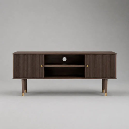 Mobile porta TV rettangolare con passacavi in MDF impiallacciato noce, marrone e ottone, 140 × 40 × 60 cm