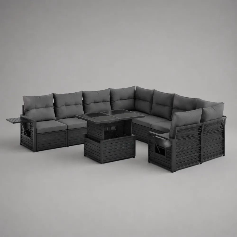 Set salotto angolare da esterno 9 pezzi in polyrattan nero con cuscini grigio scuro e tavolo elevabile, 260 x 200 x 74 cm