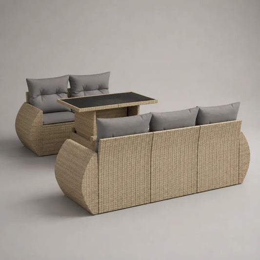 Set da giardino 3 pezzi in rattan PE beige con cuscini grigi, divano 3 posti 190 x 75 x 75 cm, divano 2 posti 130 x 75 x 75 cm e tavolo 120 x 70 x 65 cm