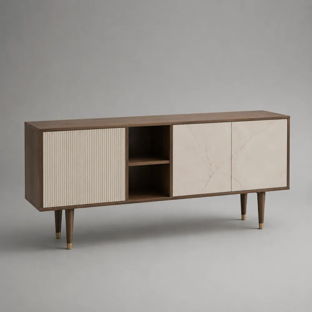 Mobile TV credenza rettangolare in MDF impiallacciato noce con 3 ante, marrone noce e avorio, 160 x 40 x 75 cm