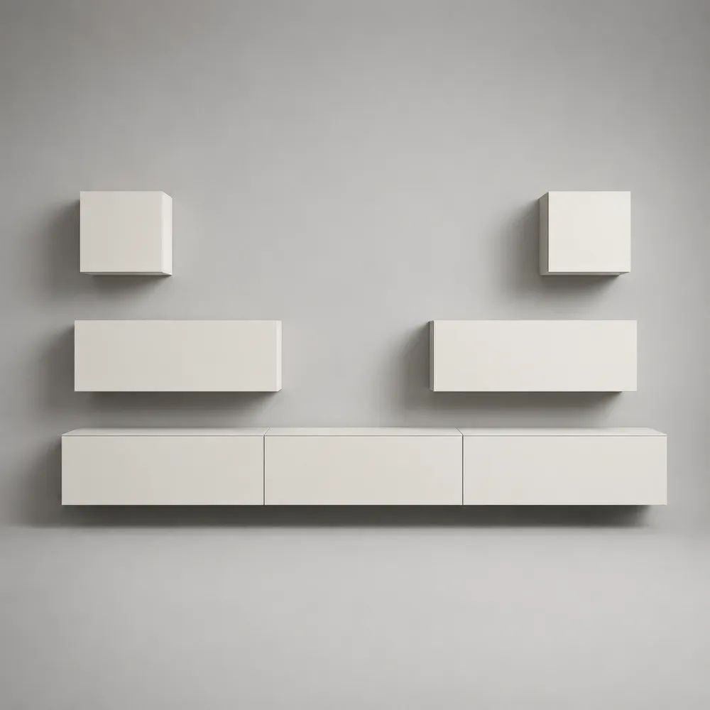 Mobile TV sospeso bianco opaco con pensili, composizione da parete 7 pezzi in pannello truciolare melaminico, 270 x 40 x 150 cm