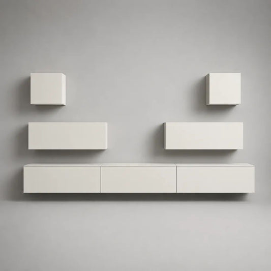 Mobile TV sospeso bianco opaco con pensili, composizione da parete 7 pezzi in pannello truciolare melaminico, 270 x 40 x 150 cm