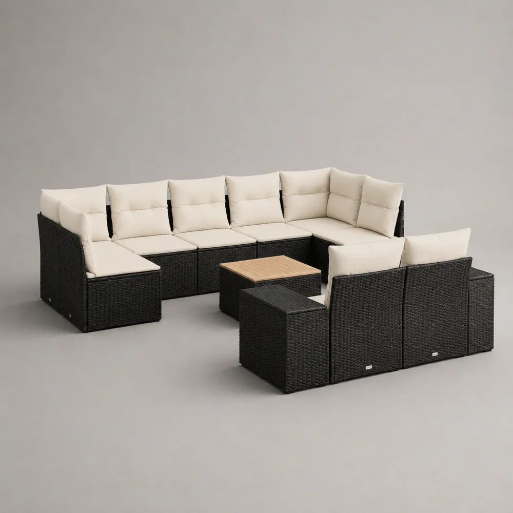 Salotto modulare da esterno 10 pezzi, 8 posti, composizione a U in rattan PE nero con cuscini crema e tavolino in legno, 330 x 210 x 74 cm