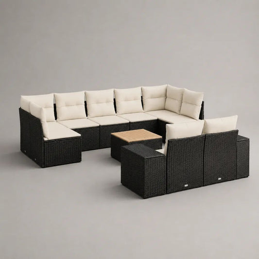 Salotto modulare da esterno 10 pezzi, 8 posti, composizione a U in rattan PE nero con cuscini crema e tavolino in legno, 330 x 210 x 74 cm