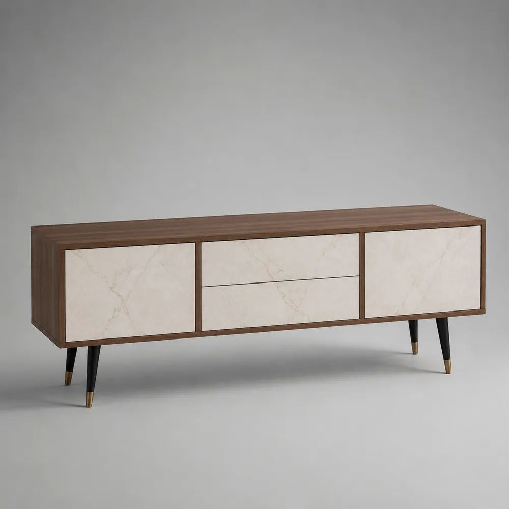 Mobile TV rettangolare in legno con 2 ante, 2 cassetti effetto marmo e gambe in metallo, marrone noce e beige, 160 x 40 x 70 cm