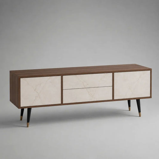 Mobile TV rettangolare in legno con 2 ante, 2 cassetti effetto marmo e gambe in metallo, marrone noce e beige, 160 x 40 x 70 cm