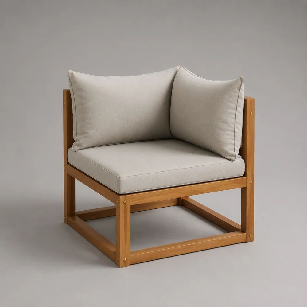 Poltrona angolare modulare da esterno in legno massello di acacia con cuscini beige, 76 × 76 × 72 cm