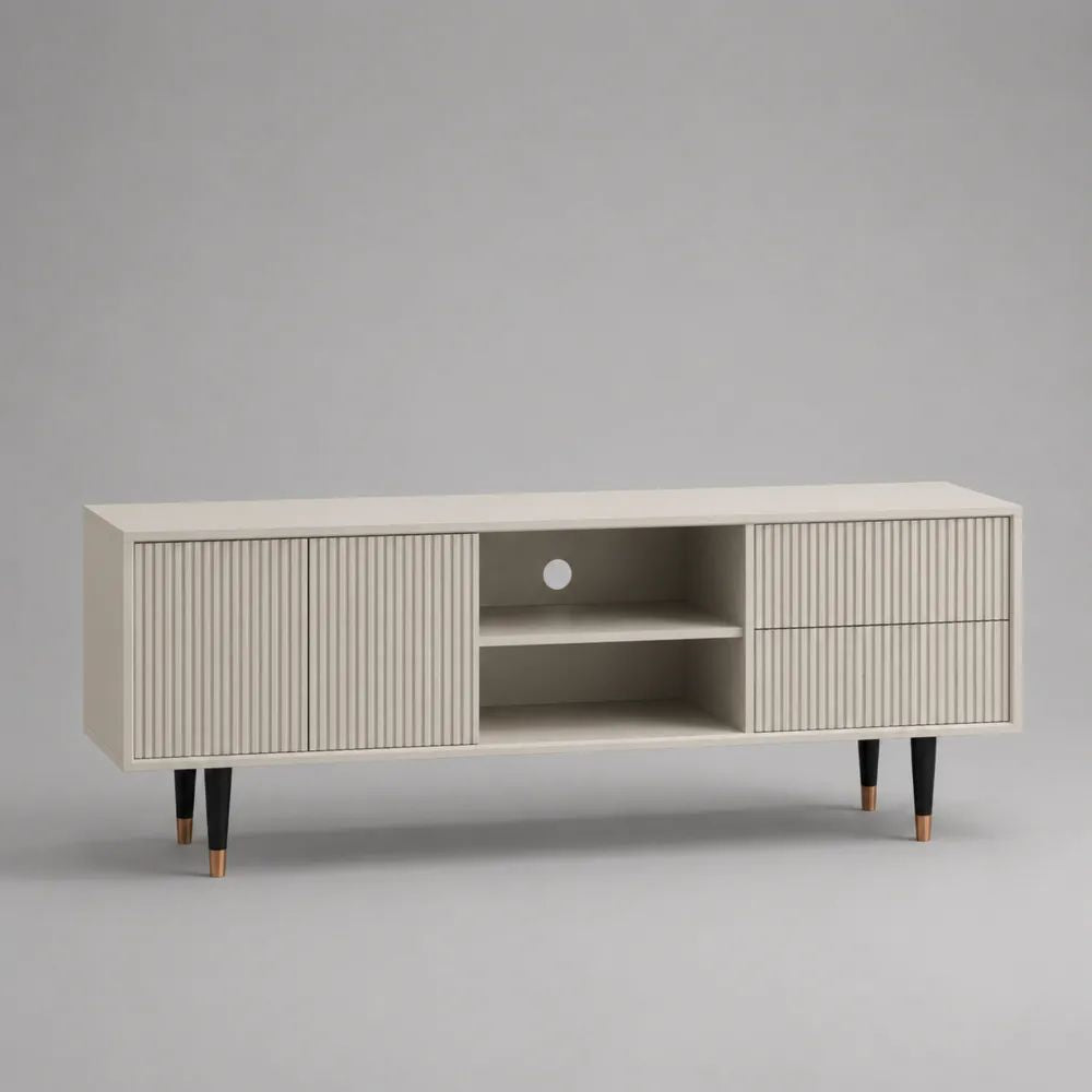 Mobile TV rettangolare in MDF avorio con 2 ante, 2 cassetti e 2 vani aperti, 160 x 40 x 70 cm