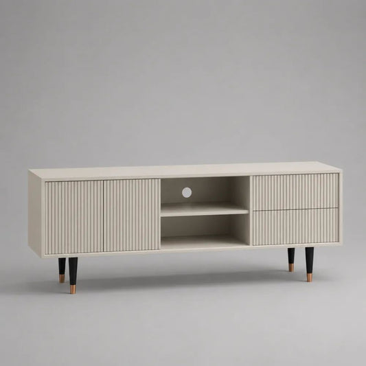 Mobile TV rettangolare in MDF avorio con 2 ante, 2 cassetti e 2 vani aperti, 160 x 40 x 70 cm