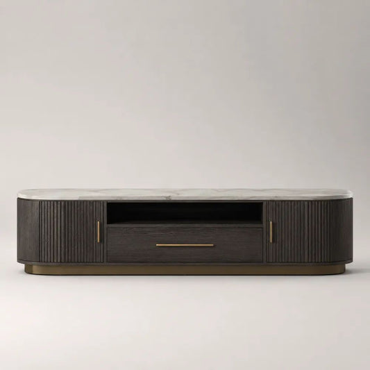 Mobile porta TV basso rettangolare in MDF impiallacciato rovere e pietra sinterizzata, marrone scuro, 200 × 45 × 55 cm