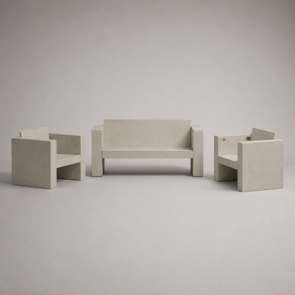 Set salotto da giardino per esterni 3 pezzi in calcestruzzo grigio chiaro, divano 150 x 65 x 75 cm e 2 poltrone 65 x 65 x 75 cm