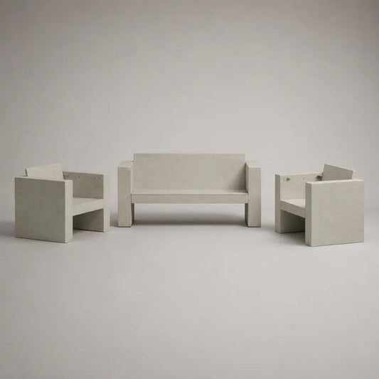 Set salotto da giardino per esterni 3 pezzi in calcestruzzo grigio chiaro, divano 150 x 65 x 75 cm e 2 poltrone 65 x 65 x 75 cm