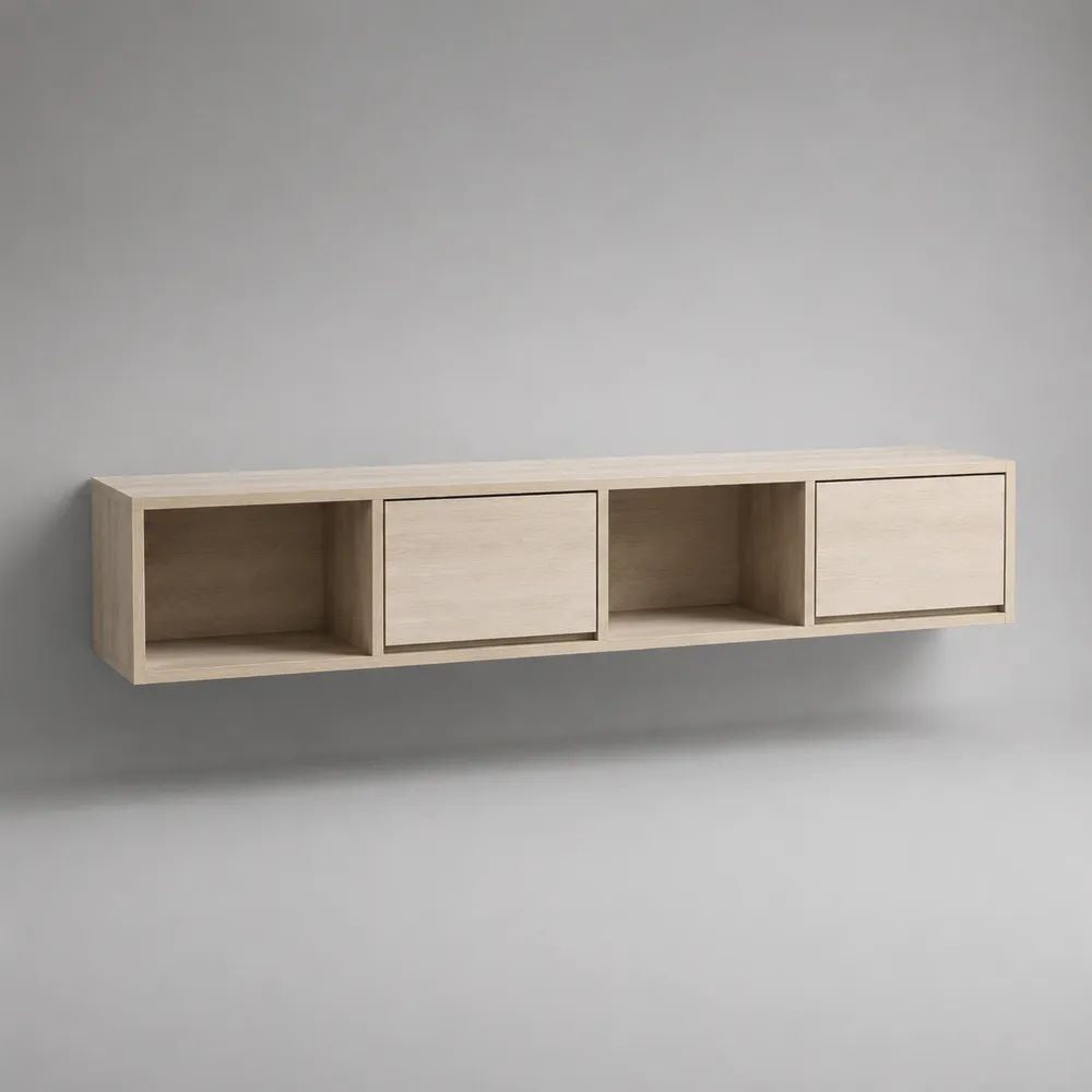 Mobile TV sospeso rettangolare in pannello truciolare melaminico rovere chiaro 180 x 35 x 40 cm con 2 ante a ribalta e 2 vani aperti