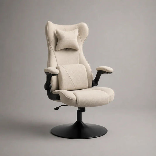 Sedia da ufficio ergonomica girevole e reclinabile in tessuto beige e metallo nero, altezza regolabile e base rotonda, 68 x 72 x 118-128 cm