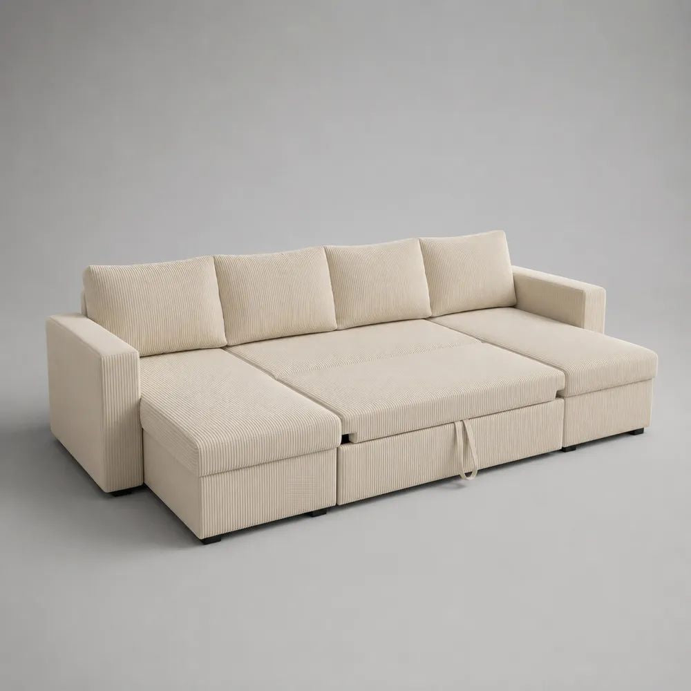Divano letto angolare 4 posti in velluto a coste crema con penisola destra, 276 x 163 x 86 cm