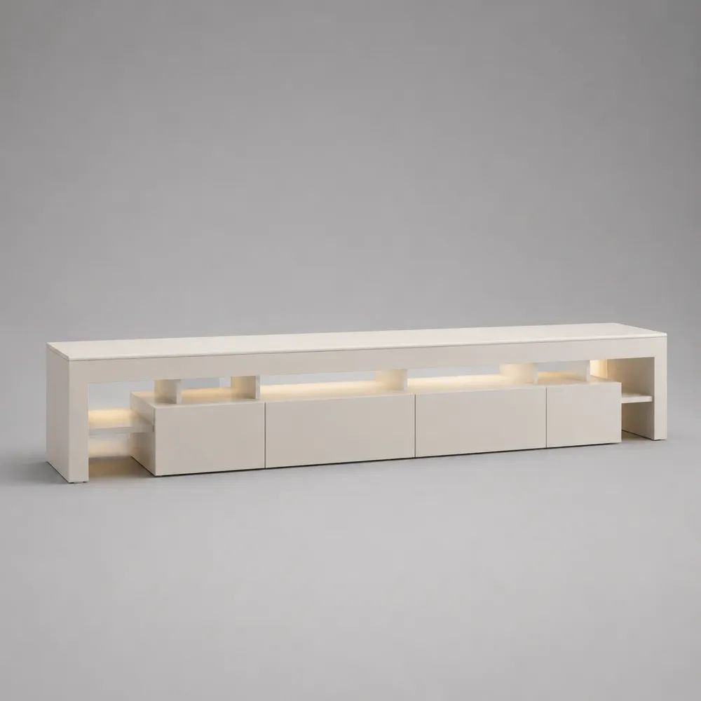 Composizione mobile TV rettangolare a 2 elementi in pannello truciolare melaminico bianco con contenitori e illuminazione LED, 240 x 40 x 65 cm